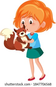 Girl holding cute animal cartoon character isolated on white background illustration