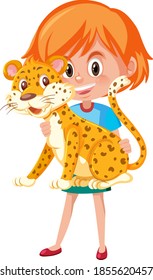 Girl holding cute animal cartoon character isolated on white background illustration