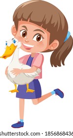 Girl holding cute animal cartoon character isolated on white background illustration