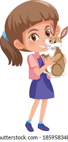Girl holding cute animal cartoon character isolated on white background illustration