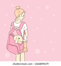 Girl is holding a cute little rabbit in backpack, vector illustration