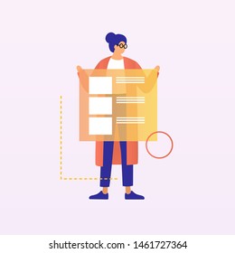 The girl is holding a design layout of a computer application. Digital industry concept. Vector illustration.