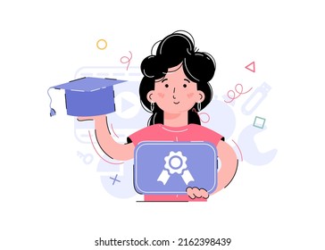 The girl is holding a diploma and a graduation cap. Element for the design of presentations, applications and websites. Trend illustration. Vector illustration