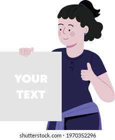 Girl holding displaying signboard and pointing finger. Happy girl showing blank signboard with free space area for your text or slogan. Banner, poster. Thumbs up. Flat vector illustrations.