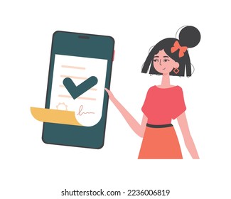 The girl is holding a document. Data protection. Smart contract. Modern trendy style.