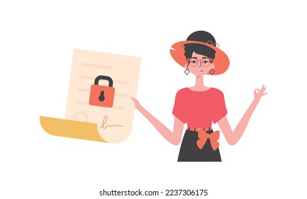 The girl is holding a document. Data protection. Smart contract. Trend style character.