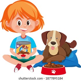 Girl holding dog food with cute dog on white background illustration