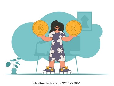Girl holding dollar and bitcoin. Theme of interaction with digital monetary assets.