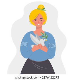 The girl is holding a dove of peace. Vector isolated illustration in flat style for postcard. banner, poster. Design on the theme of support for Ukraine