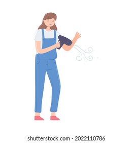 girl holding dryer isolated icon