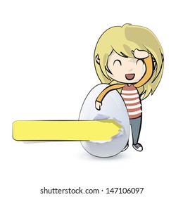 Girl holding an easter egg with cute designs. Vector design. 