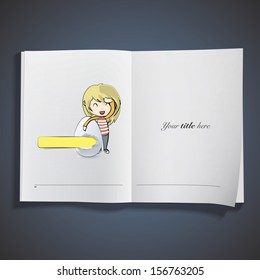 Girl holding an easter egg printed on book. Vector design