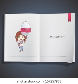 Girl holding an easter egg printed on book. Vector design