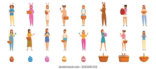 Girl holding Easter eggs icons set. This set of icons features people celebrating easter sunday with painted eggs and baskets