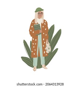 Girl holding eco bag and book. Woman in coat and plant behind. Vector clip art of female student lifestyle character