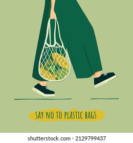 Girl is holding an eco bag with groceries in her hands. Title in the illustration: Say no to plastic bags. EPS 10.