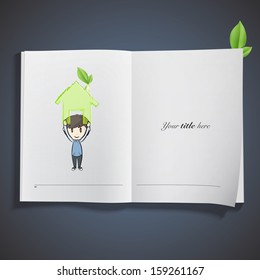 Girl holding an ecological icon printed on book. Vector design 
