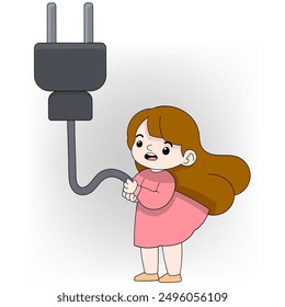 girl holding electric plug, illustration of electrical safety in electronics