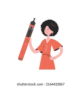 The girl is holding an electronic cigarette in her hands. Flat style. Isolated on white background. Vector illustration.