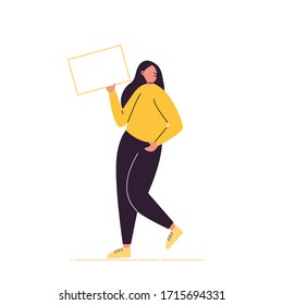 Girl is holding an empty signboard. 
Online store vector illustration. Purple and yellow person with sign.