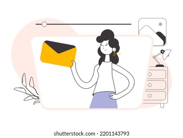 The girl is holding an envelope or a letter in her hands. Line art style. Vector illustration.