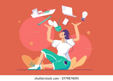 Girl holding everything in hands vector illustration. Woman workaholic juggling with different things flat style. Time management and multitasking skill concept. Isolated on red background