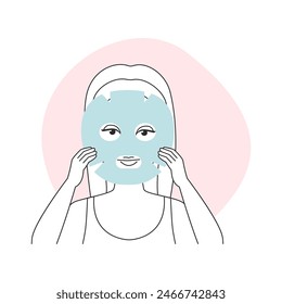 Chica que sostiene la máscara facial de la tela para utilizar en la línea de piel facial icono Ilustración vectorial