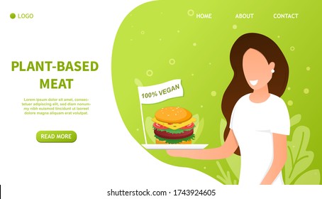 Girl holding a Fake Meat Burger. Artificial Cultured meat Concept. Lab grown burger. Plant based beyond meat hamburger. Perfect for landing page, web design, banner. Easy to edit and customize Vector