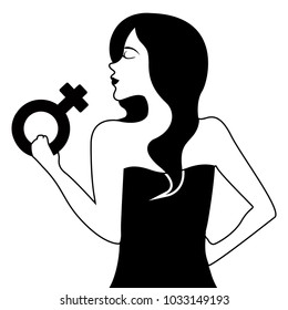 Girl holding a female gender symbol. Women day