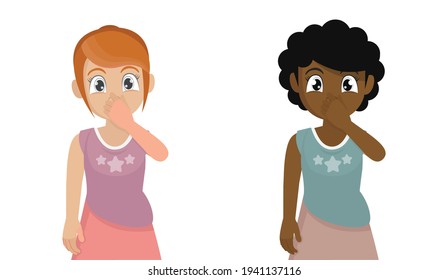 Girl holding fingers on nose. person covering breath with hand for bad smell.
