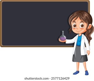 Girl holding flask beside a blackboard