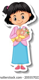 A girl holding flower bouquet cartoon character sticker illustration