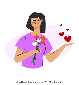 Chica sosteniendo la flor y el amor propio ilustración. Me encanta tu propia ilustración de personajes de dibujos animados.