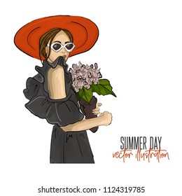 Girl holding flower vector illustration. Romantic mood fashion glamour drawing. Young woman in sunglasses, off shoulder dress with bouquet. Female character sketch.