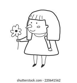 Girl holding a flower,black and white