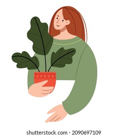 Girl holding a flowerpot in her hands. Houseplant in a pot. Love of nature. Flat illustration.