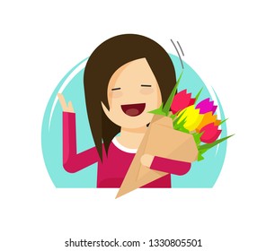 Girl holding flowers bouquet vector illustration flat cartoon design isolated, happy smiling woman with blossom