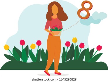 The girl is holding flowers. The number eight flies in the air. On the background of an alley of tulips. Women's day. Vector illustration.