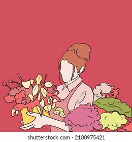 Girl holding flowers, with red background .valentine greeting card template. Vector illustration in flat style