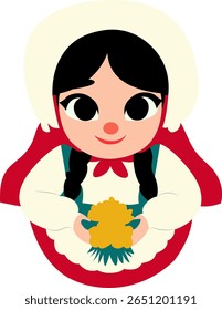 Menina segurando flores Red Cloak Illustration, uma menina usando kokoshnik chapéu feliz Maslenitsa Semana