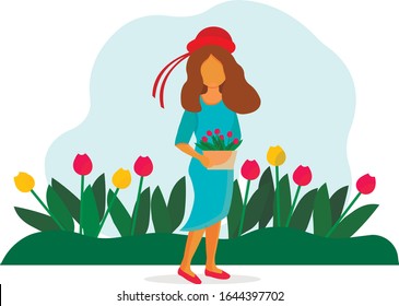 The girl is holding flowers. A woman stands among the tulips. Vector illustration. Women's day.Spring.