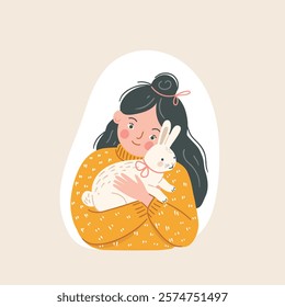 Girl holding fluffy white rabbit in cozy sweater, Flat vector illustration on white background