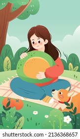 Girl holding food at picnic with various spring plants in the background, spring vector illustration