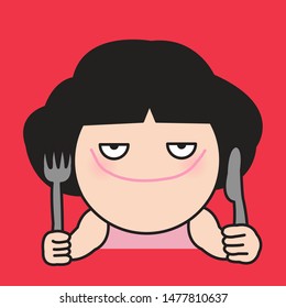 Girl Holding Fork And Knife. Cheeky Funny Girl Hungry Waiting For A Meal In Restaurant Concept Card Character illustration