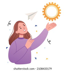 The girl is holding a gear like the sun.The concept of a good idea.