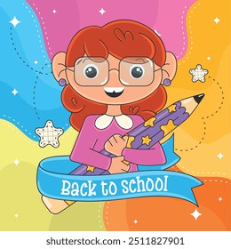 Girl holding giant pencil with back to school banner Vector