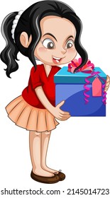 A girl holding a gift box cartoon character on white background illustration