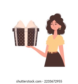 The girl is holding a gift box. Modern flat colorful vector illustration.