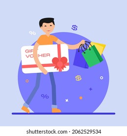 Girl holding gift card, flat illustration 