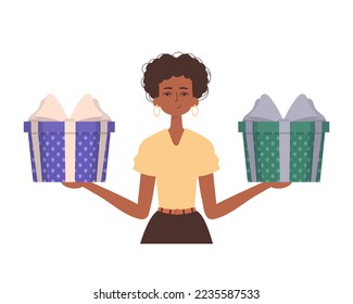 The girl is holding a gift in her hands. Trendy character style.